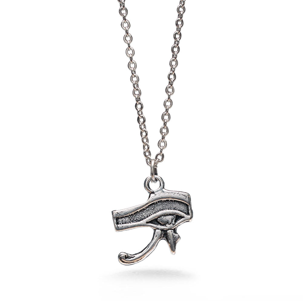 A silver-toned necklace featuring a detailed pendant shaped like the Egyptian Eye of Horus, suspended from a delicate link chain against a clean white background.