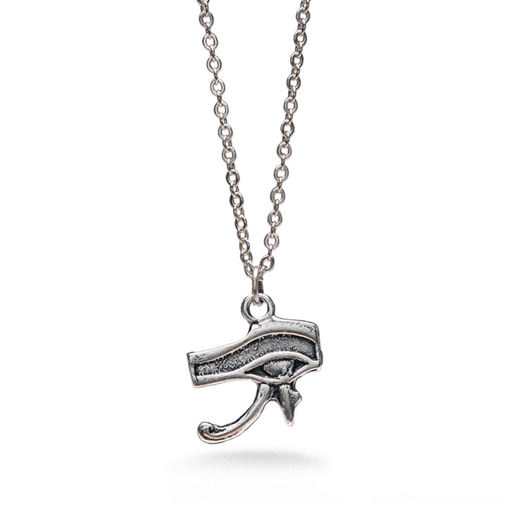 A silver-toned necklace featuring a detailed pendant shaped like the Egyptian Eye of Horus, suspended from a delicate link chain against a clean white background.