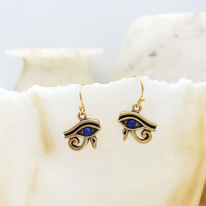 Eye of Horus Earrings with Lapis - Antique Gold Finish