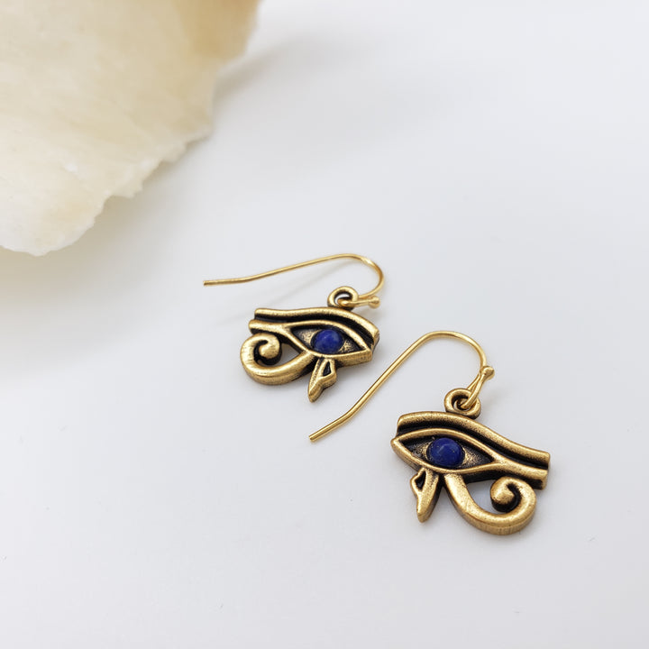 Eye of Horus Earrings with Lapis - Antique Gold Finish
