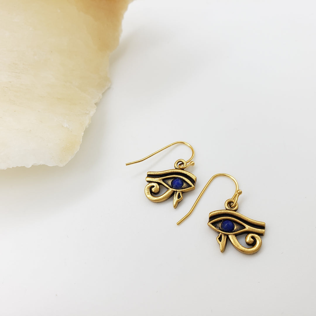 Eye of Horus Earrings with Lapis - Antique Gold Finish