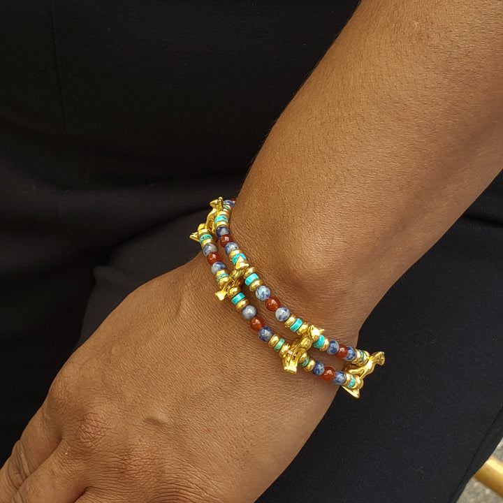 Bastet Cat Beaded Bracelet - Turquoise, Carnelian and Sodalite 