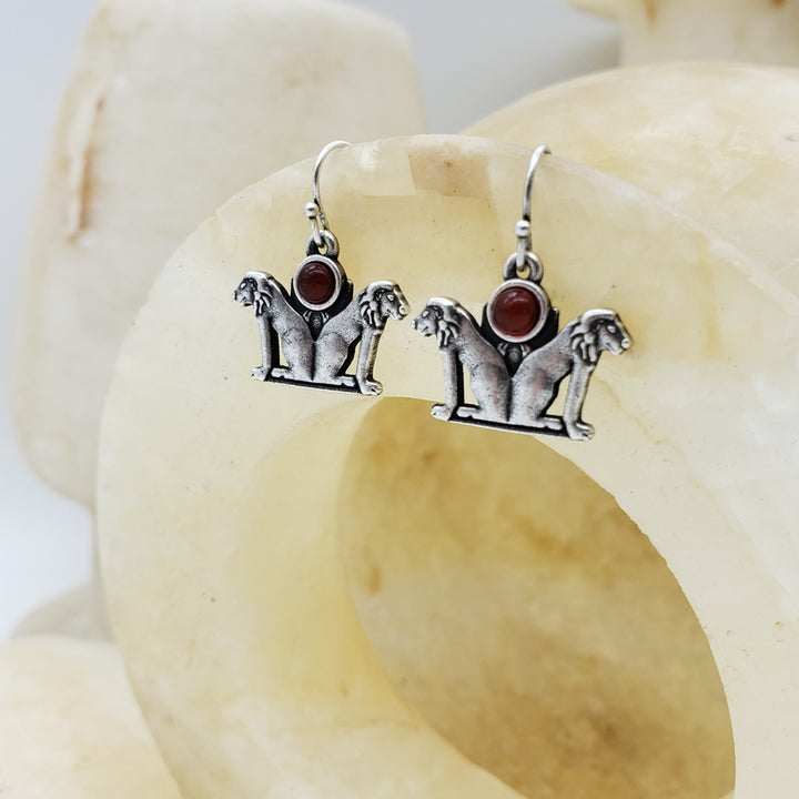 Double Lion Earrings with Carnelian - Antique Silver Finish - Ancient Egyptian Inspired