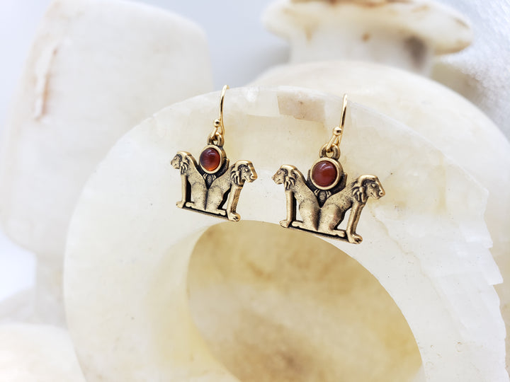 Double Lion Earrings with Carnelian - Antique Gold Finish - Ancient Egyptian Inspired
