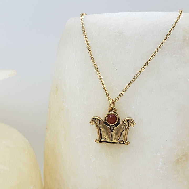 Double Lion Pendant with Carnelian - Antique Gold Finish - Ancient Egyptian Inspired