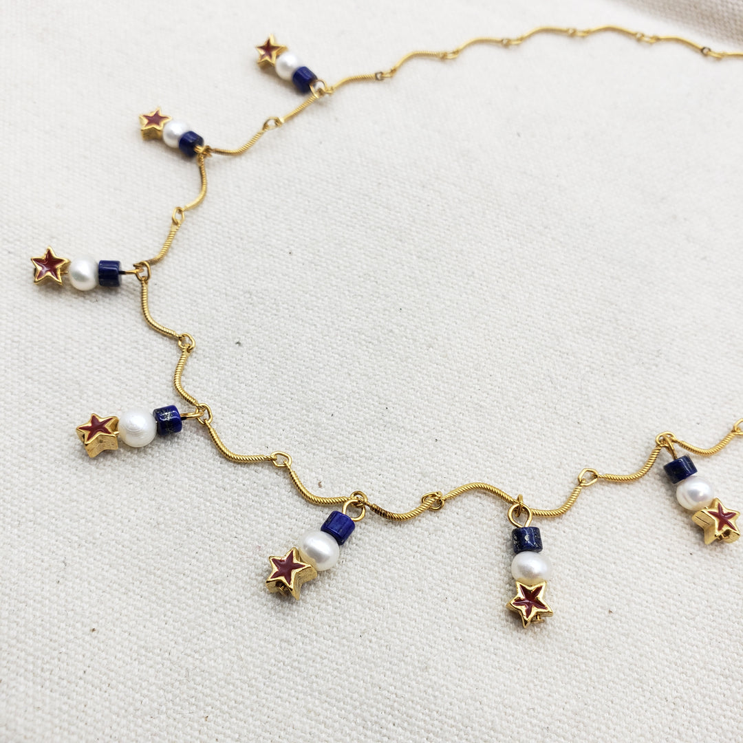 Red, White and Blue Star and Pearl Charm Necklace
