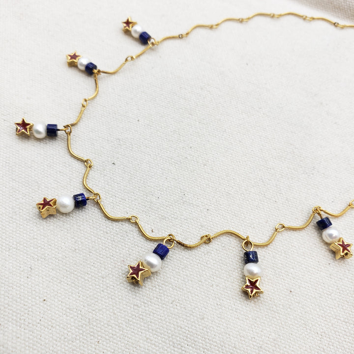 Red, White and Blue Star and Pearl Charm Necklace