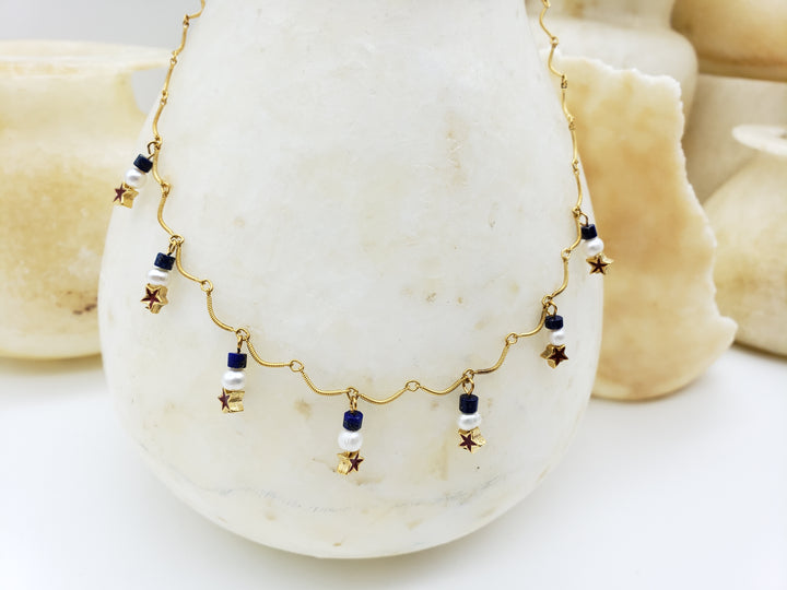 Red, White and Blue Star and Pearl Charm Necklace