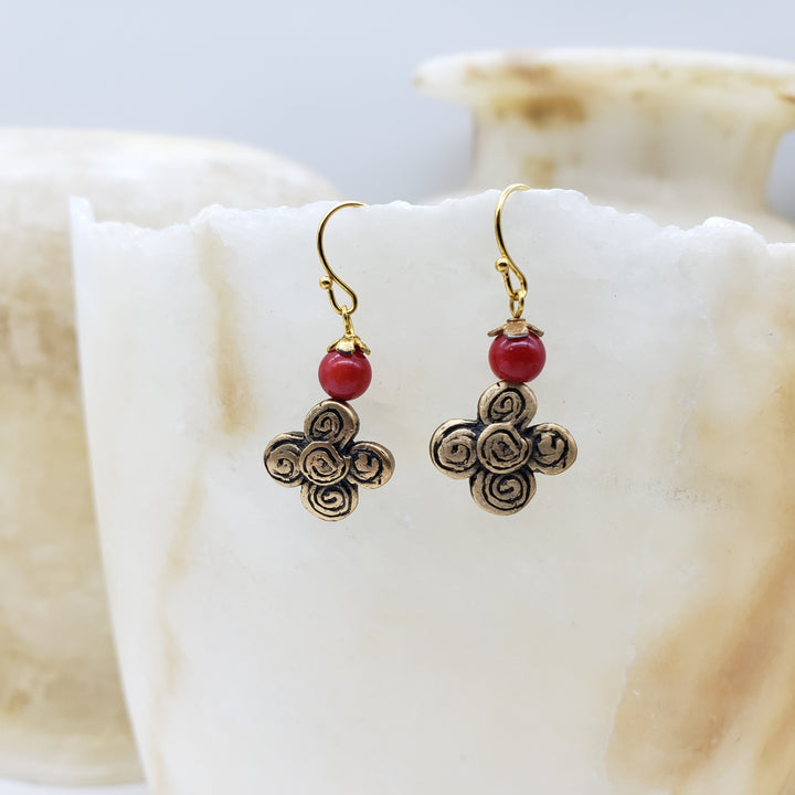 Flower Earrings with Red Coral