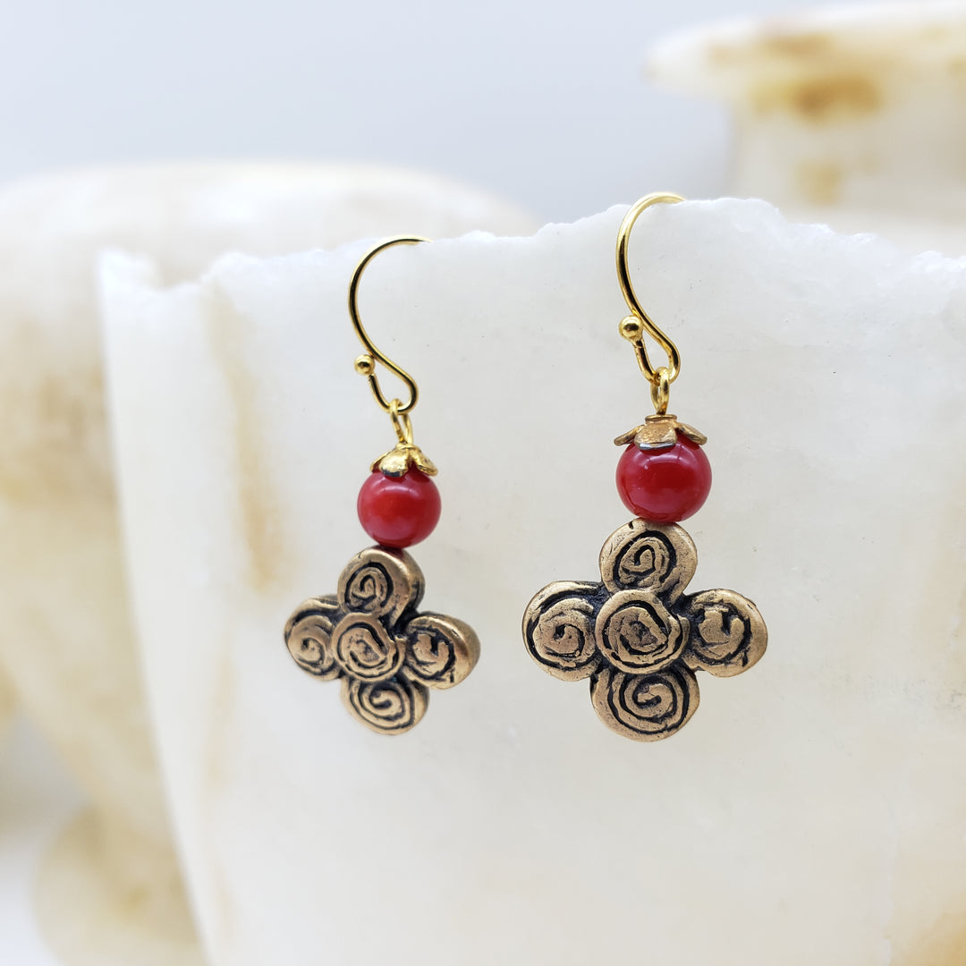 Flower Earrings with Red Coral