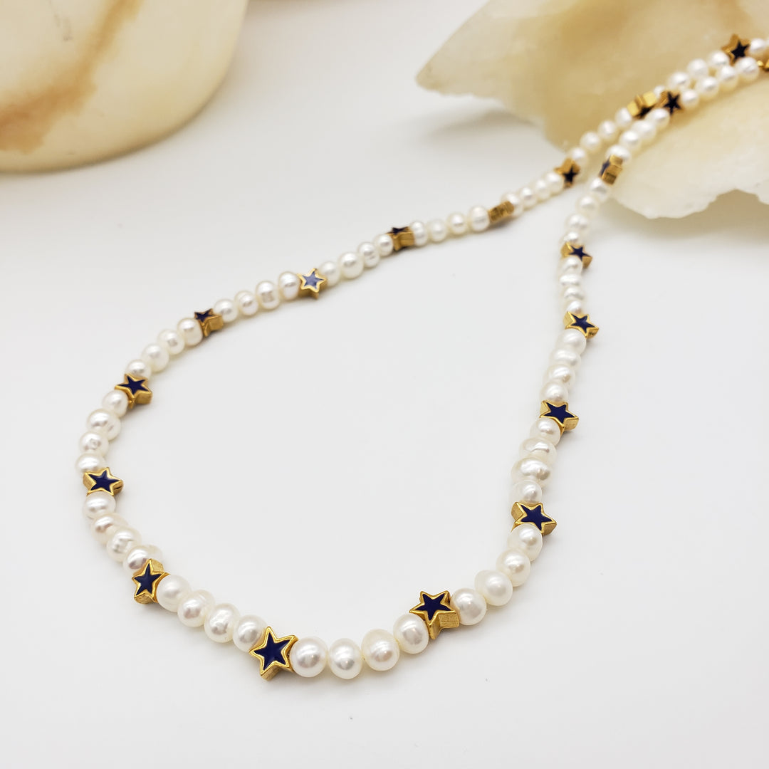 Blue Star and Pearl Beaded Necklace