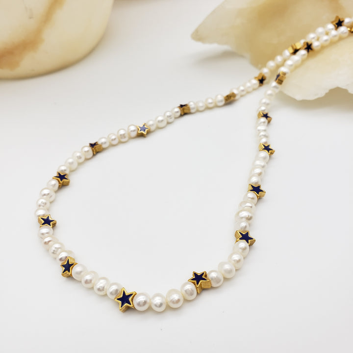 Blue Star and Pearl Beaded Necklace