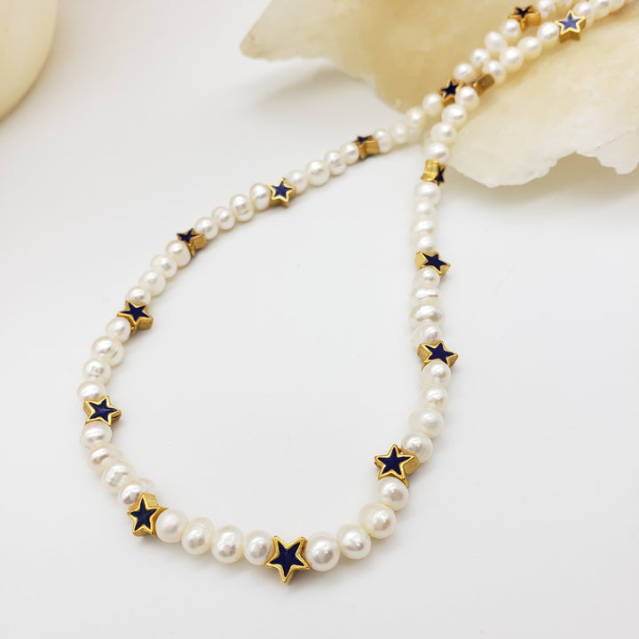 Blue Star and Pearl Beaded Necklace