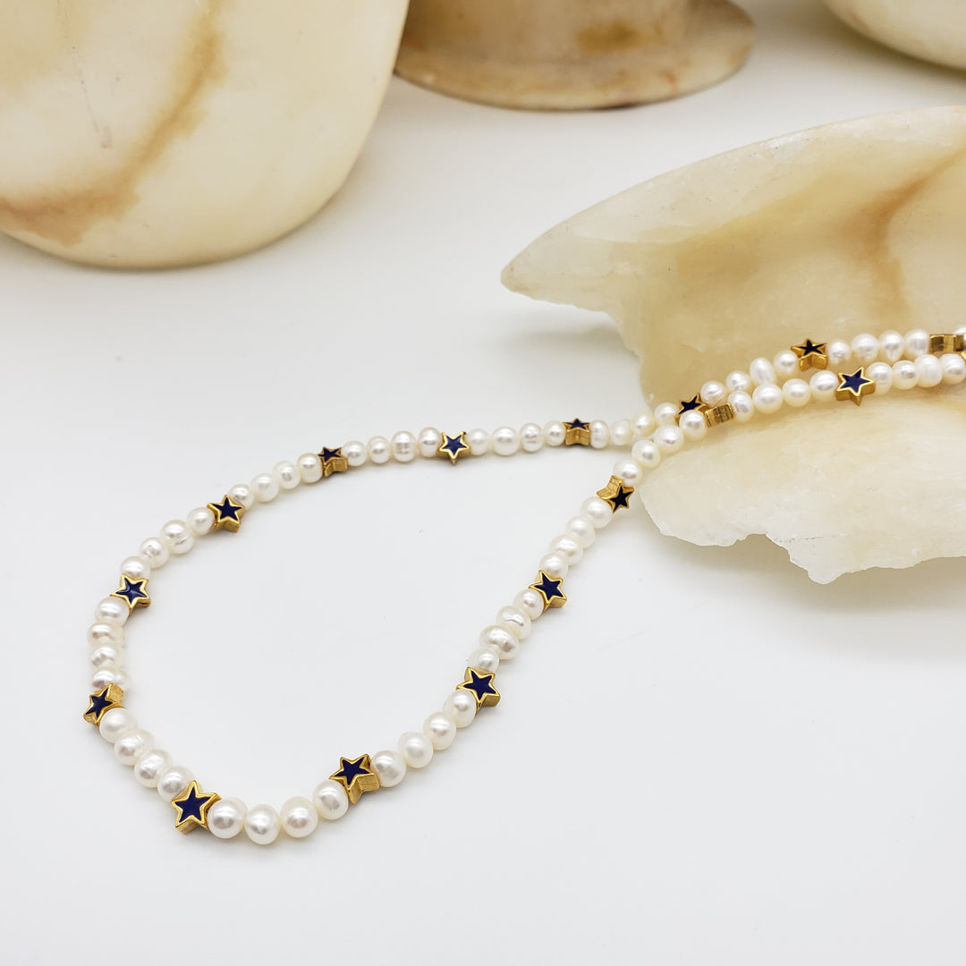 Blue Star and Pearl Beaded Necklace