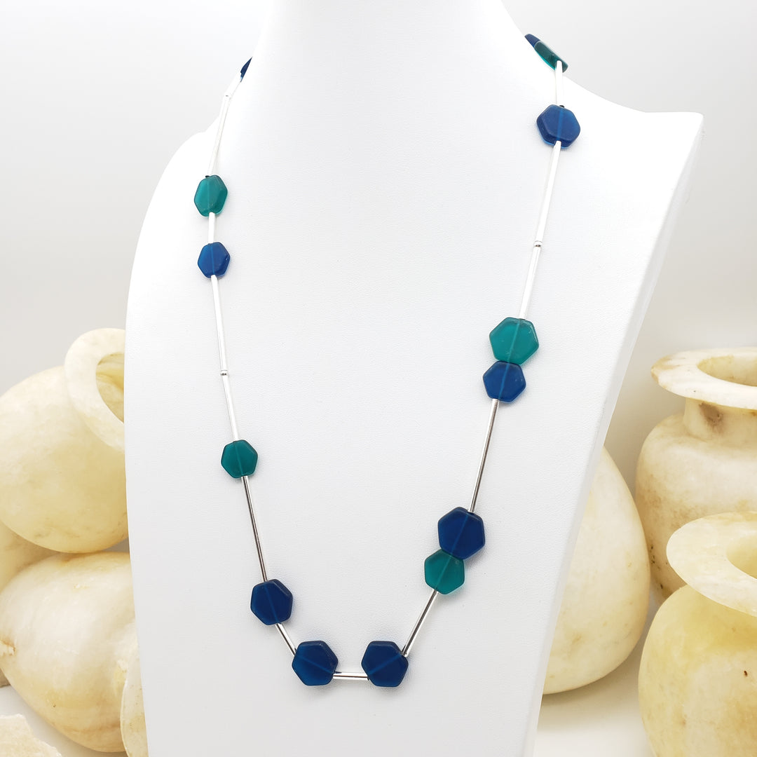 Teal and Blue Glass Hexagon Beaded Necklace