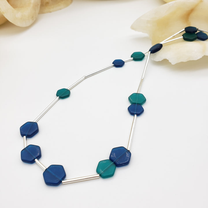 Teal and Blue Glass Hexagon Beaded Necklace