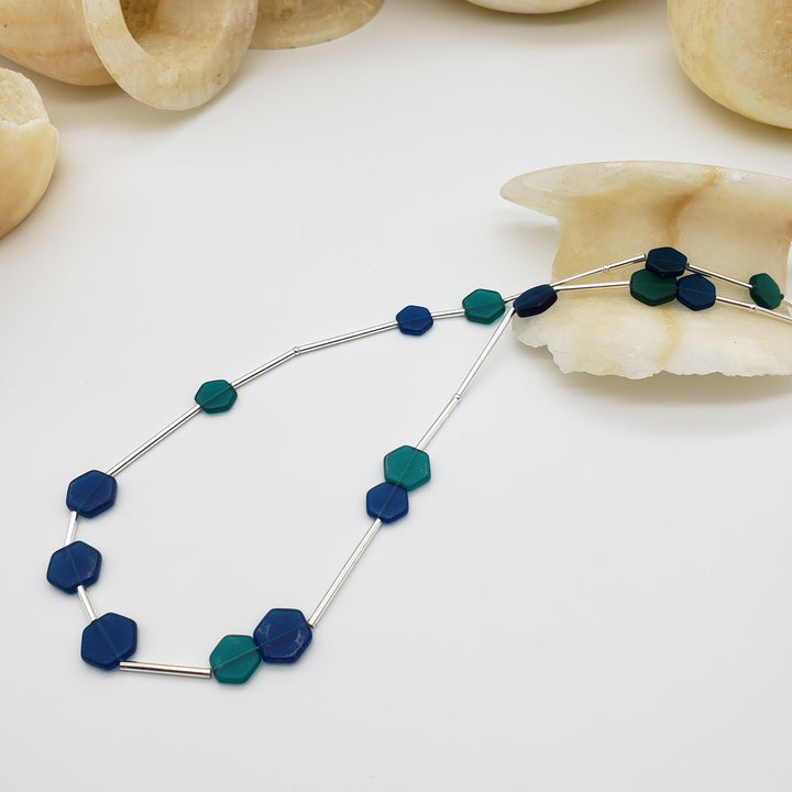 Teal and Blue Glass Hexagon Beaded Necklace