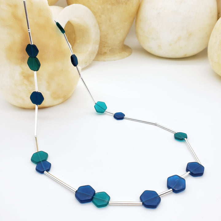Teal and Blue Glass Hexagon Beaded Necklace
