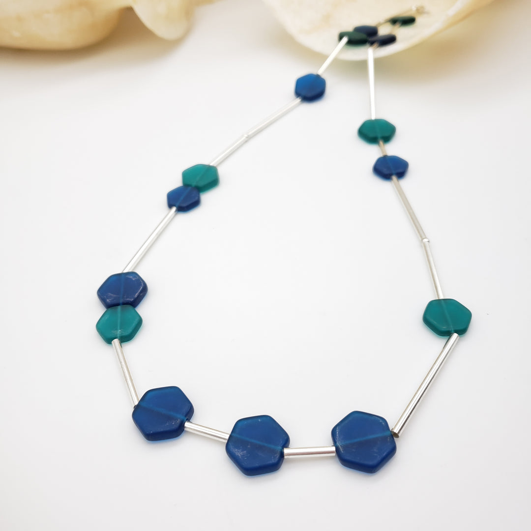 Teal and Blue Glass Hexagon Beaded Necklace