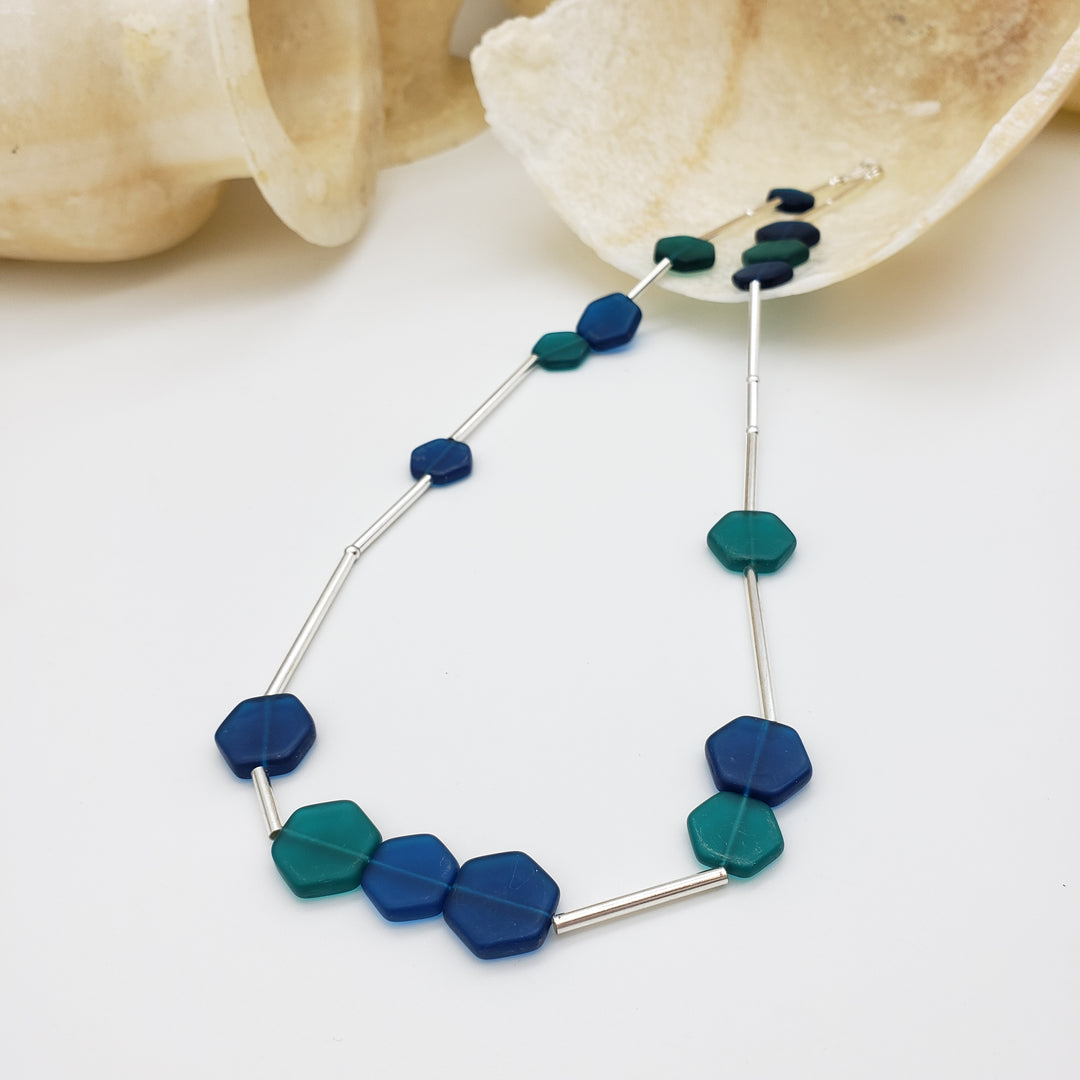 Teal and Blue Glass Hexagon Beaded Necklace
