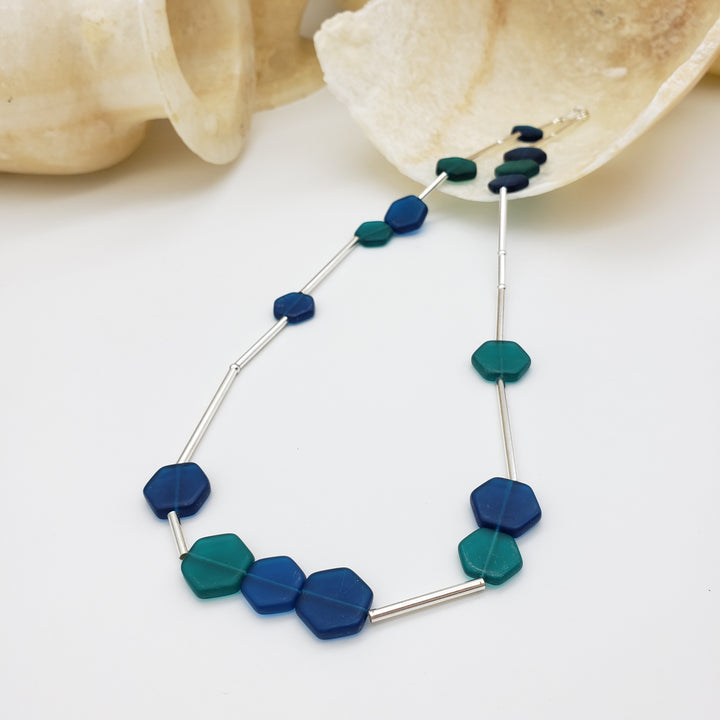 Teal and Blue Glass Hexagon Beaded Necklace