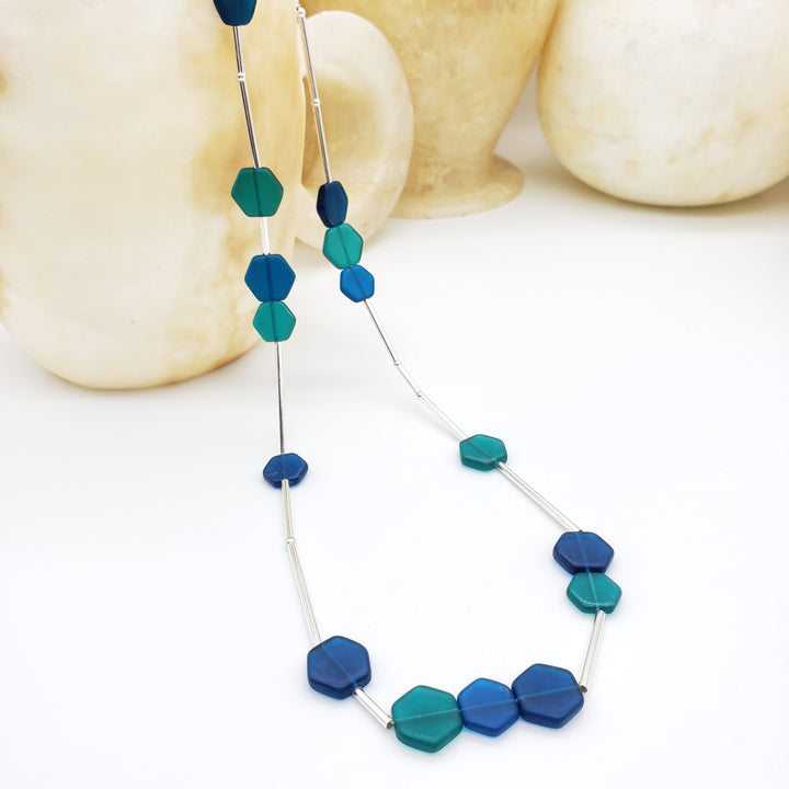 Teal and Blue Glass Hexagon Beaded Necklace
