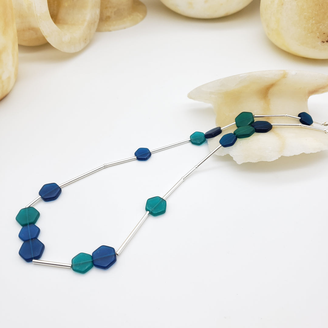 Teal and Blue Glass Hexagon Beaded Necklace