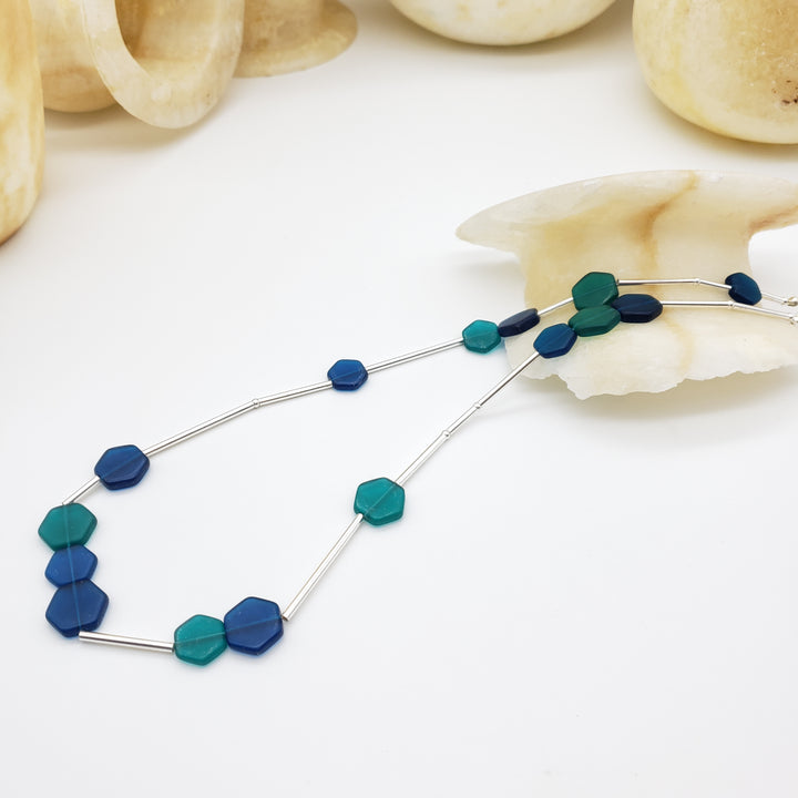 Teal and Blue Glass Hexagon Beaded Necklace
