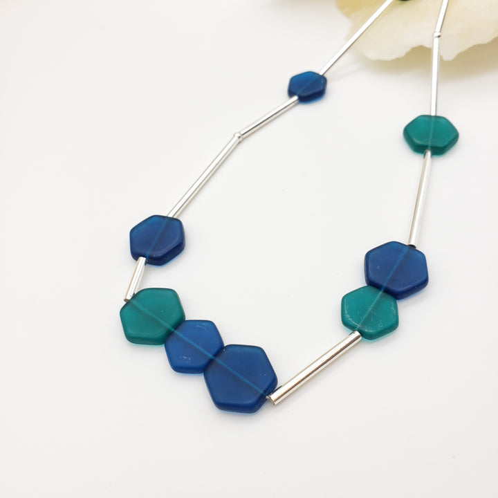 Teal and Blue Glass Hexagon Beaded Necklace