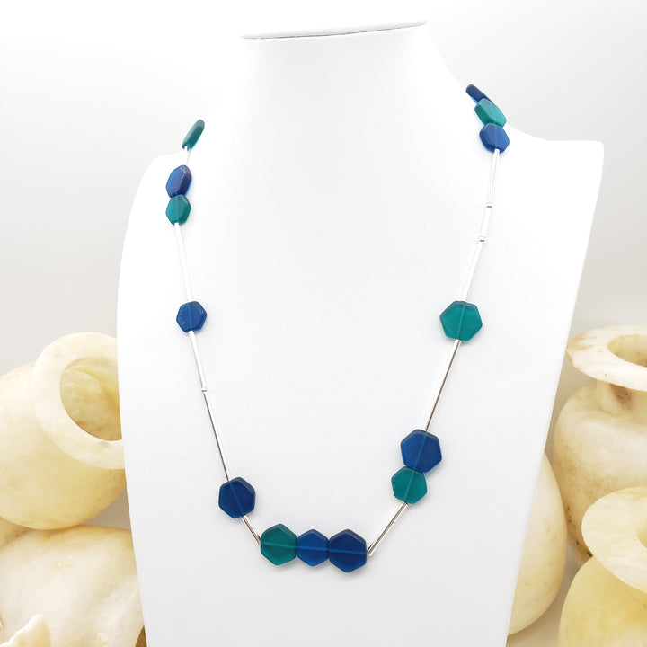 Teal and Blue Glass Hexagon Beaded Necklace