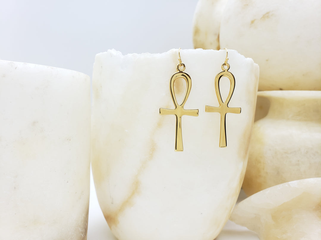 Ankh Earrings - Extra Large, Bright Gold Finish