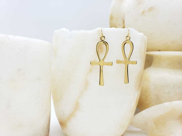 Ankh Earrings - Extra Large, Bright Gold Finish
