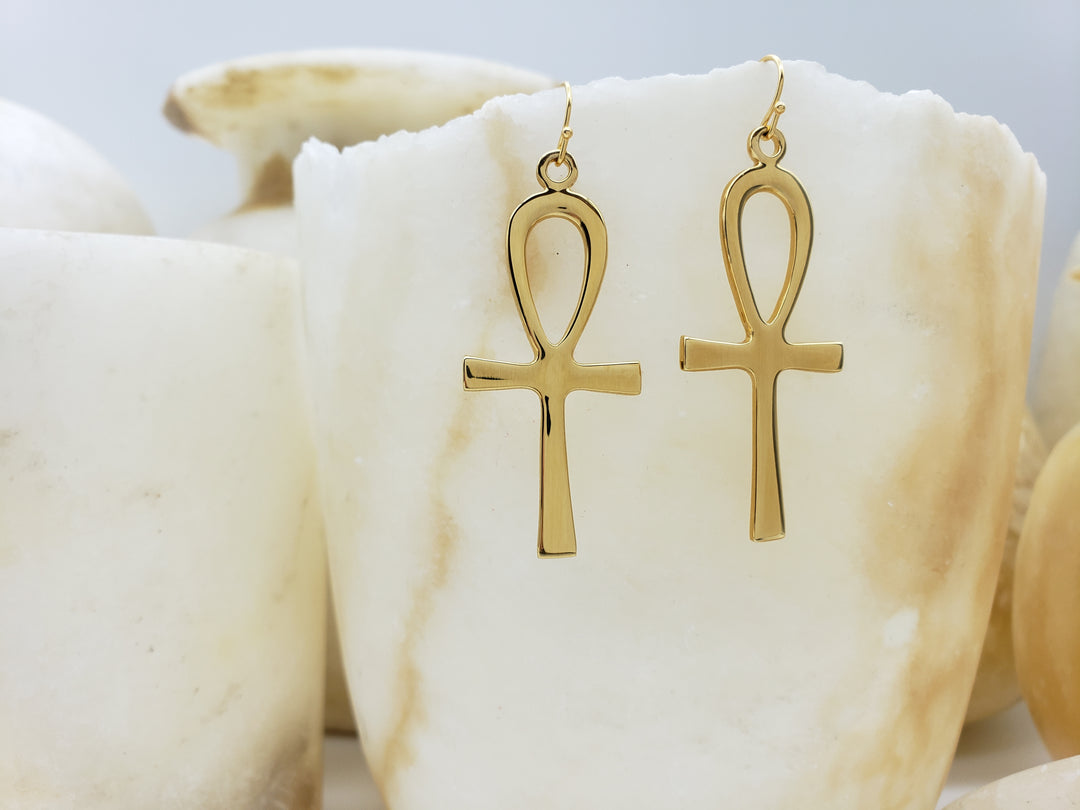 Ankh Earrings - Extra Large, Bright Gold Finish