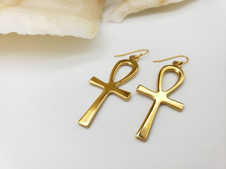 Ankh Earrings - Extra Large, Bright Gold Finish