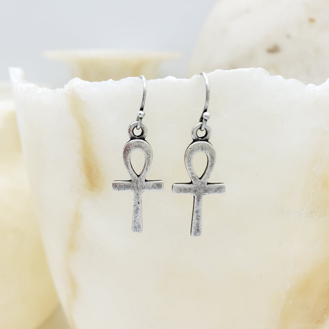 Ankh Earrings - Antique Silver Finish