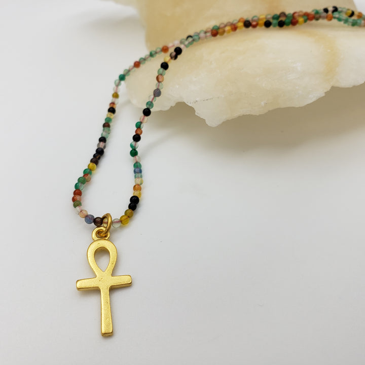 Ankh Charm and Agate Beaded Necklace