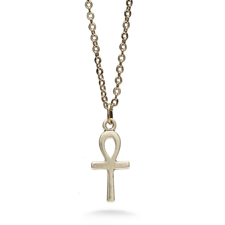 A silver-toned ankh pendant necklace on a matching chain, displayed against a clean white background.