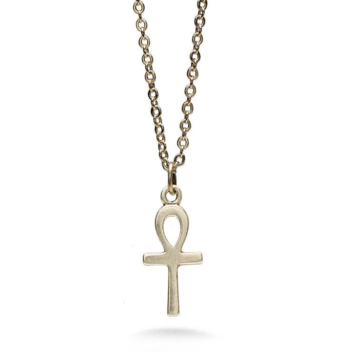 A silver-toned ankh pendant necklace on a matching chain, displayed against a clean white background.