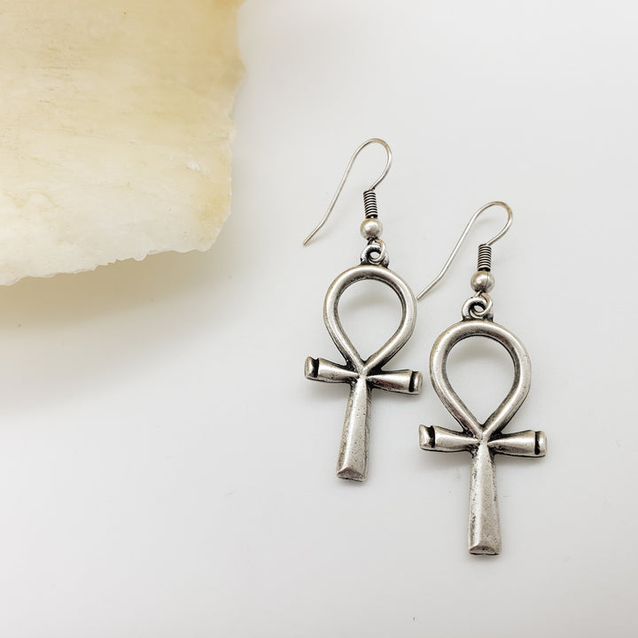 Ankh Earrings - Large, Antique Silver Finish