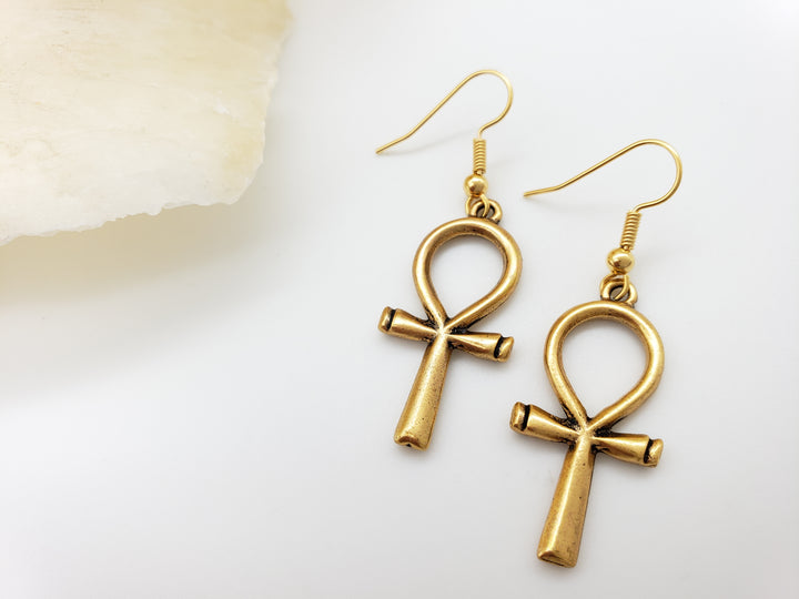 Ankh Earrings - Large, Antique Gold Finish