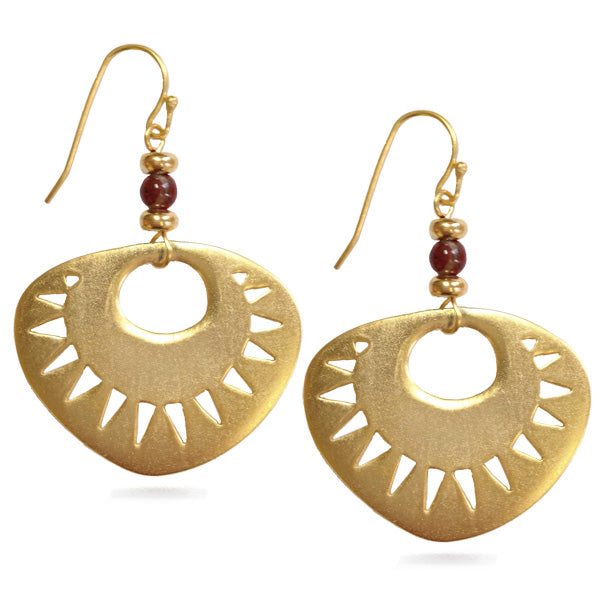 Gold earrings with a geometric design on a white background