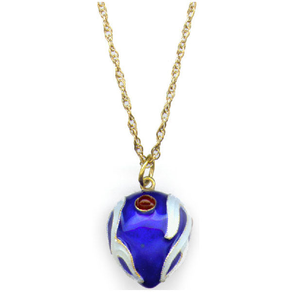 Blue heart-shaped pendant on a gold chain against a white background