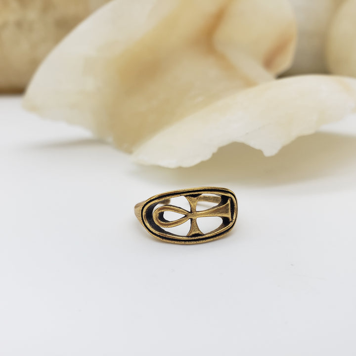 Ankh Circle Ring - Antique Gold Finish, Adjustable