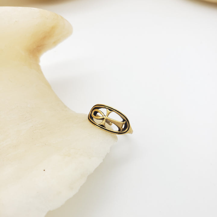 Ankh Circle Ring - Antique Gold Finish, Adjustable