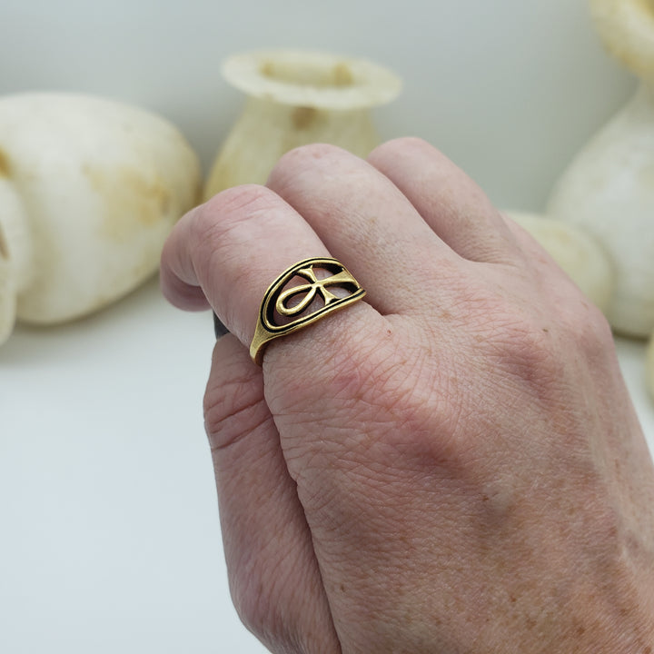 Ankh Circle Ring - Antique Gold Finish, Adjustable