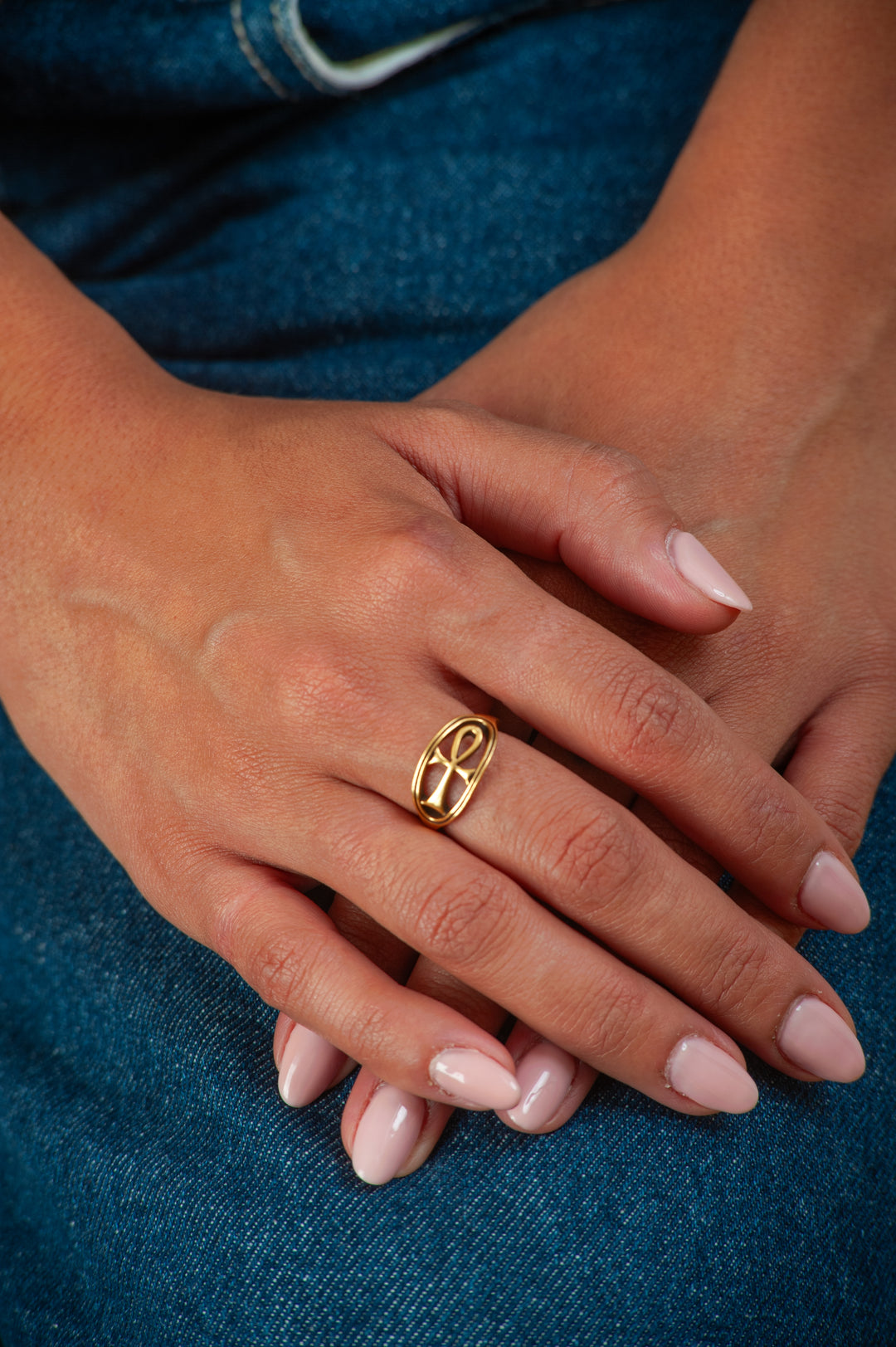 Ankh Circle Ring - Antique Gold Finish, Adjustable