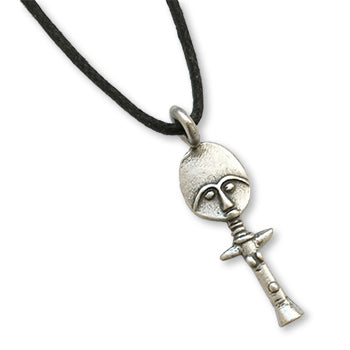 Silver akuaba doll pendant on a black cord against a white background