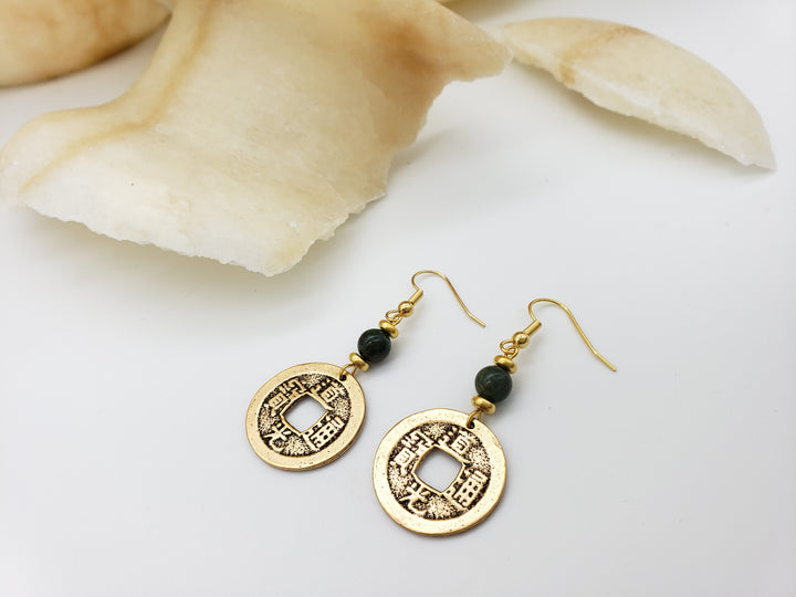 Chinese Coin Earrings with Jade