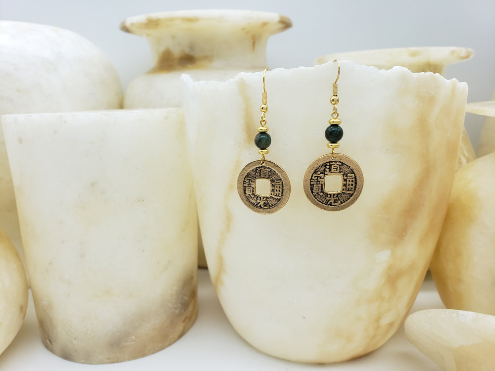 Chinese Coin Earrings with Jade