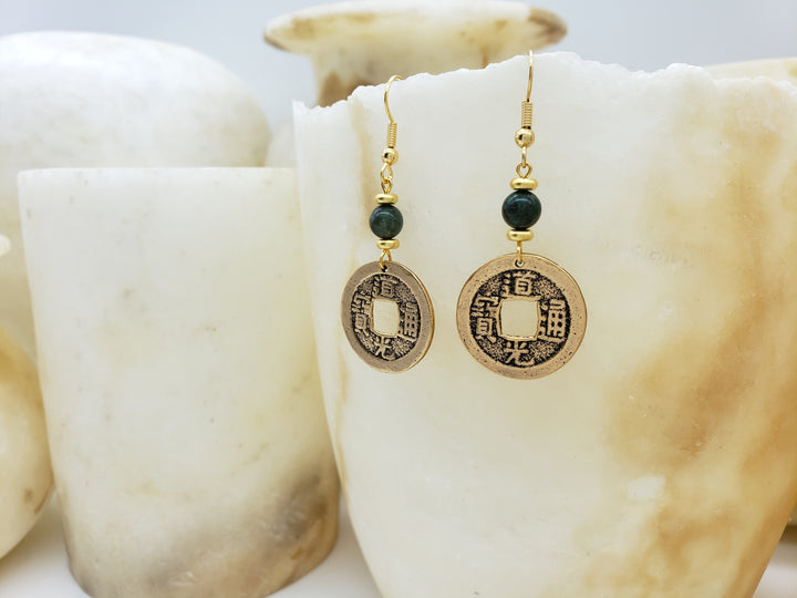 Chinese Coin Earrings with Jade
